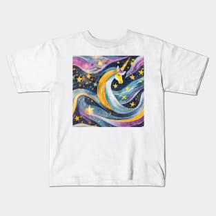 Geometric pattern of curved seamless stripes making a starry night with galaxy, stars and unicorn Kids T-Shirt